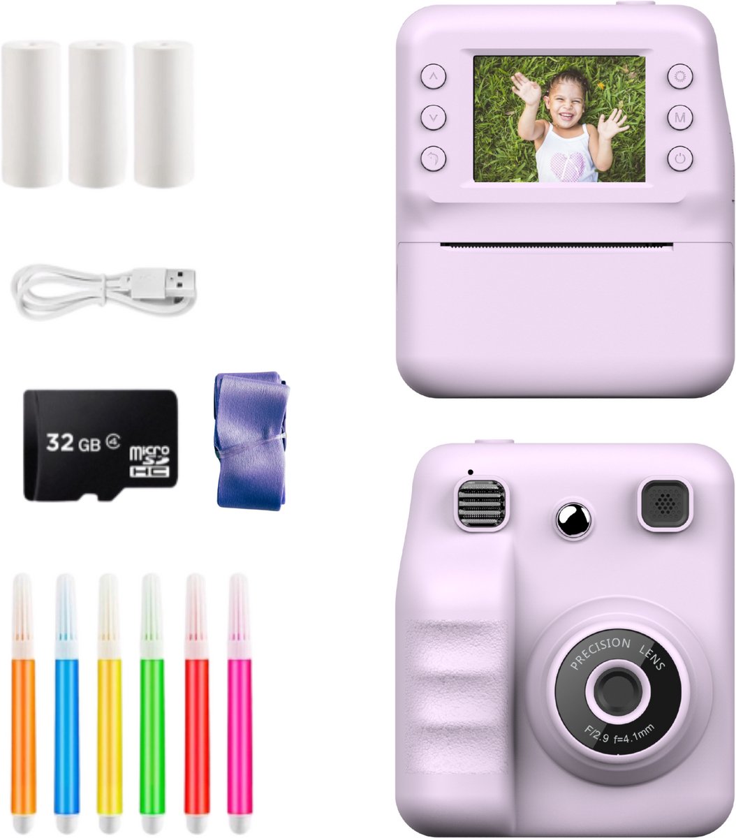  ® 3 in 1 Digitale Kindercamera met Fotoprinter + Instant print + speelcamera | 32GB micro sd kaart | camera kinderen | Vlogcamera met games | Fototoestel voor Kinderen | Klein Formaat Speelgoed | Met videofunctie | Paars